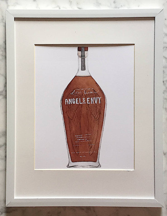 Detailed watercolor painting of an Angel's Envy bourbon bottle with a white background