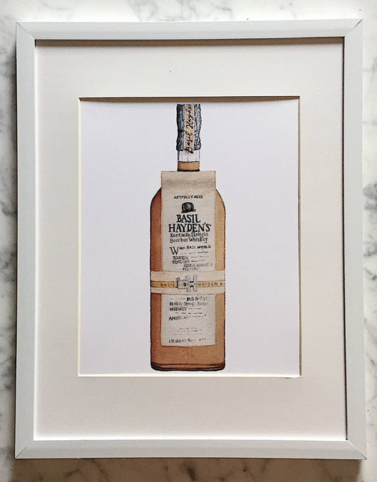 Detailed watercolor painting of an Basil Hayden's bourbon bottle with a white background
