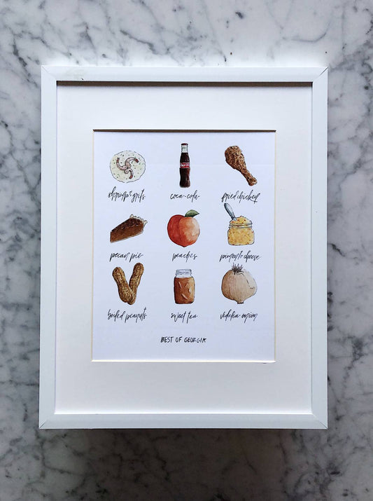 A watercolor art print display 9 popular foods and drinks from the state of Gerogia with a white background.