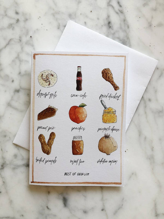 A white notecard displaying 9 popular foods and drinks from the state of Georgia
