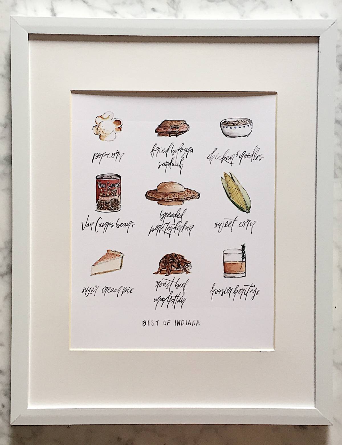 A watercolor art print display popular foods and drinks from the state of Indiana