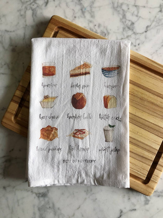 A white tea towel displaying 9 popular Kentucky foods and drinks