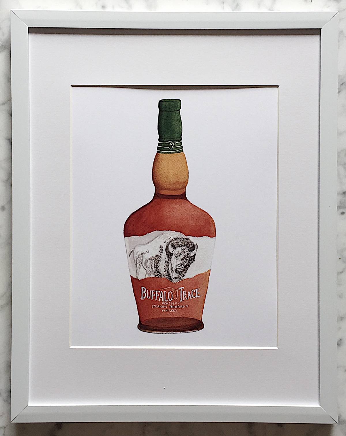 A detailed watercolor art print of a Buffalo Trace bourbon bottle with a crisp white background