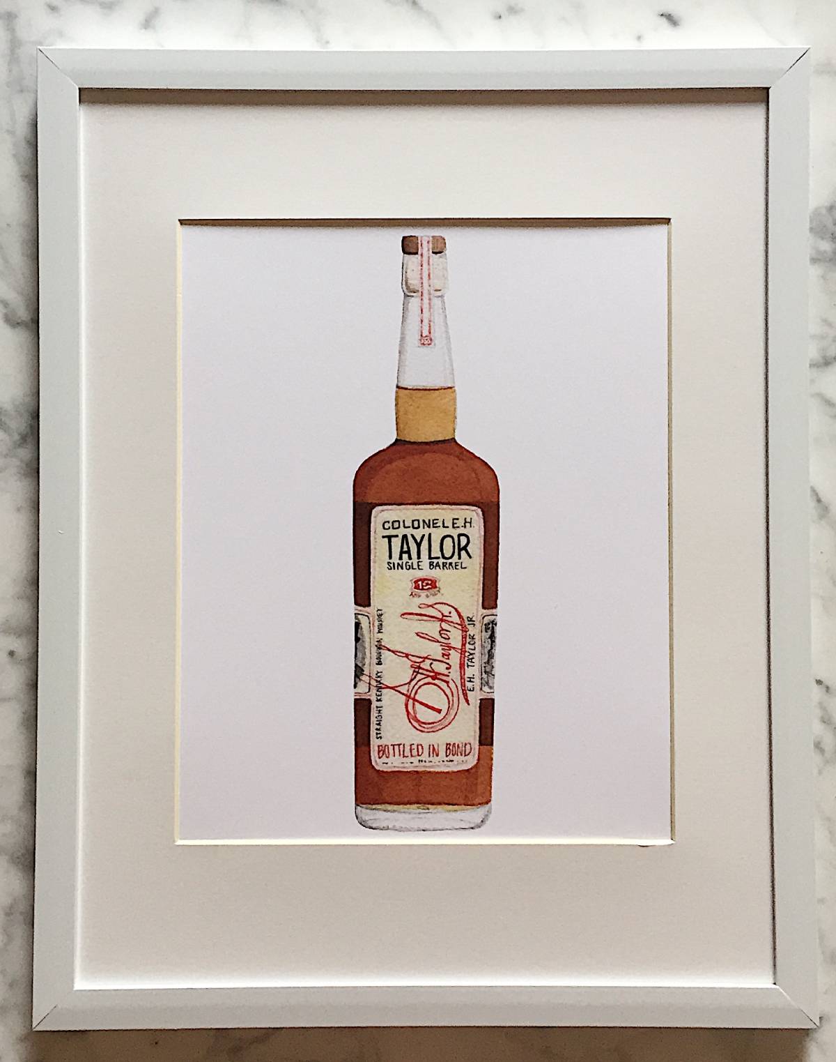 A detailed watercolor art print of an E.H. Taylor bourbon bottle with a crisp white background