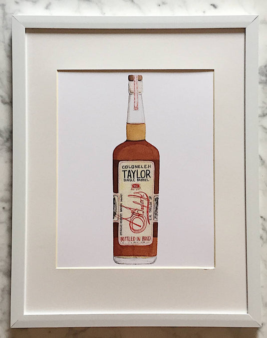A detailed watercolor art print of an E.H. Taylor bourbon bottle with a crisp white background