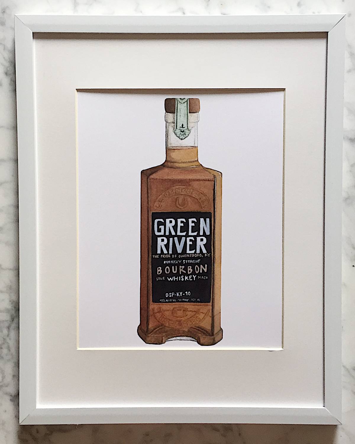 A detailed watercolor art print of Green River bourbon bottle with a crisp white background