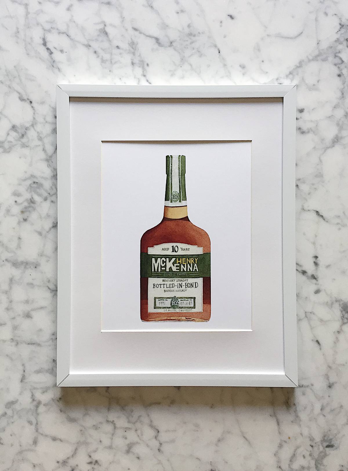 A watercolor print of a Henry McKenna bottled in bond 10 year bottle with a crisp white background