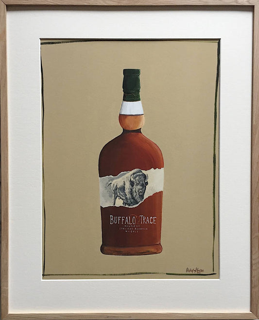 A detailed acrylic painting of a Buffalo Trace bourbon bottle with a beige background and an abstract green outline