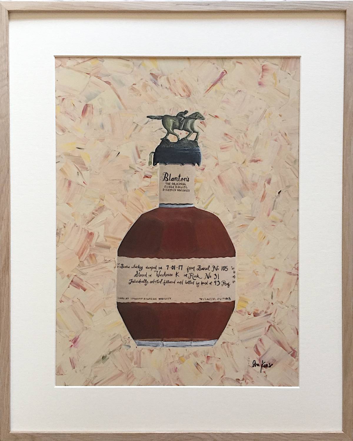 An acrylic painting of a Blanton's bourbon bottle with a textured beige background
