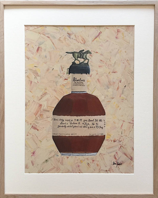 An acrylic painting of a Blanton's bourbon bottle with a textured beige background