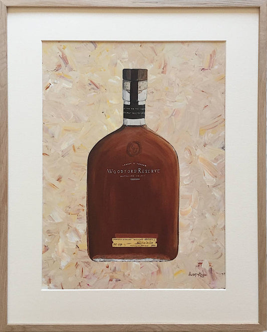 Detailed acrylic painting of a Woodford Reserve bourbon bottle with a beige textured background