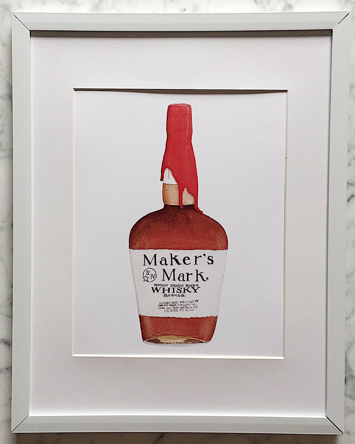 A watercolor art print of a detailed Maker's Mark bourbon bottle with a crisp white background