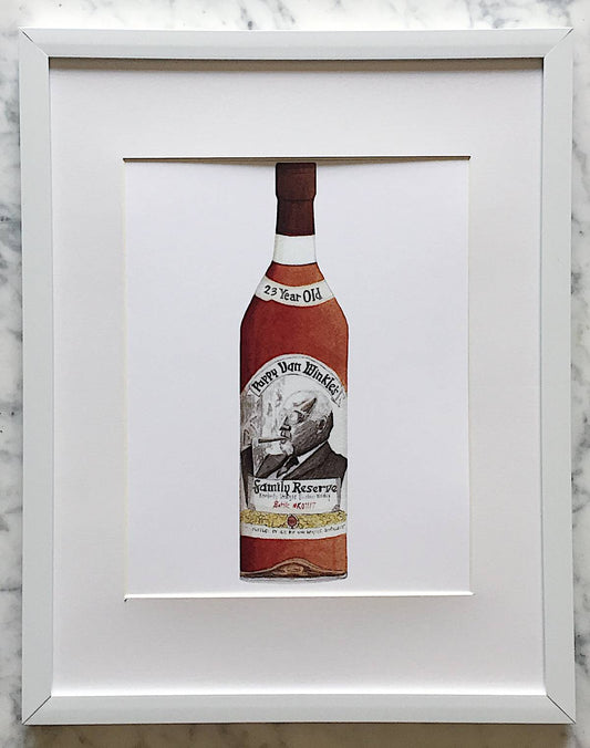 A watercolor art print of Pappy Van Winkle 25 year with a crisp white background