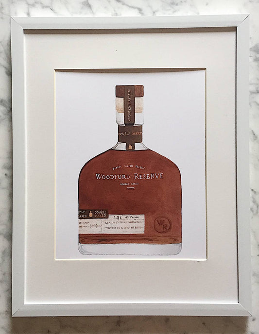 A detailed watercolor art print of a Woodford Reserve Double Oaked bourbon bottle with a crisp white background