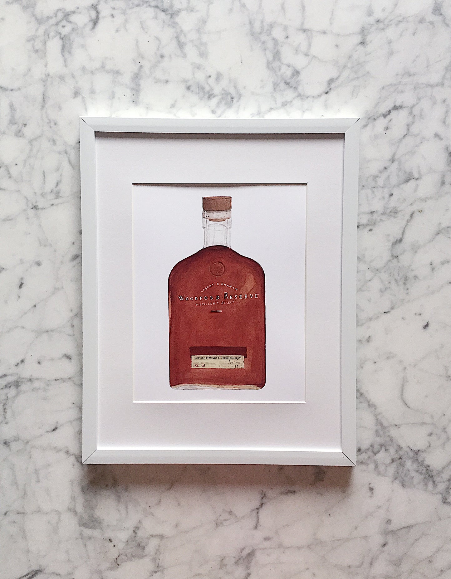 A beautifully detailed watercolor art print of a Woodford Reserve bourbon bottle with a clean white background.