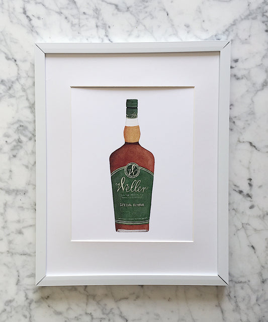 A beautifully detailed watercolor art print of a Weller Special Reserve bourbon bottle with a clean white background. 