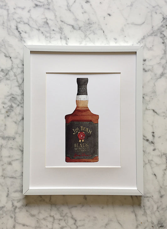 A beautifully detail watercolor art print of a Jim Beam Black bourbon bottle with a crisp white background.