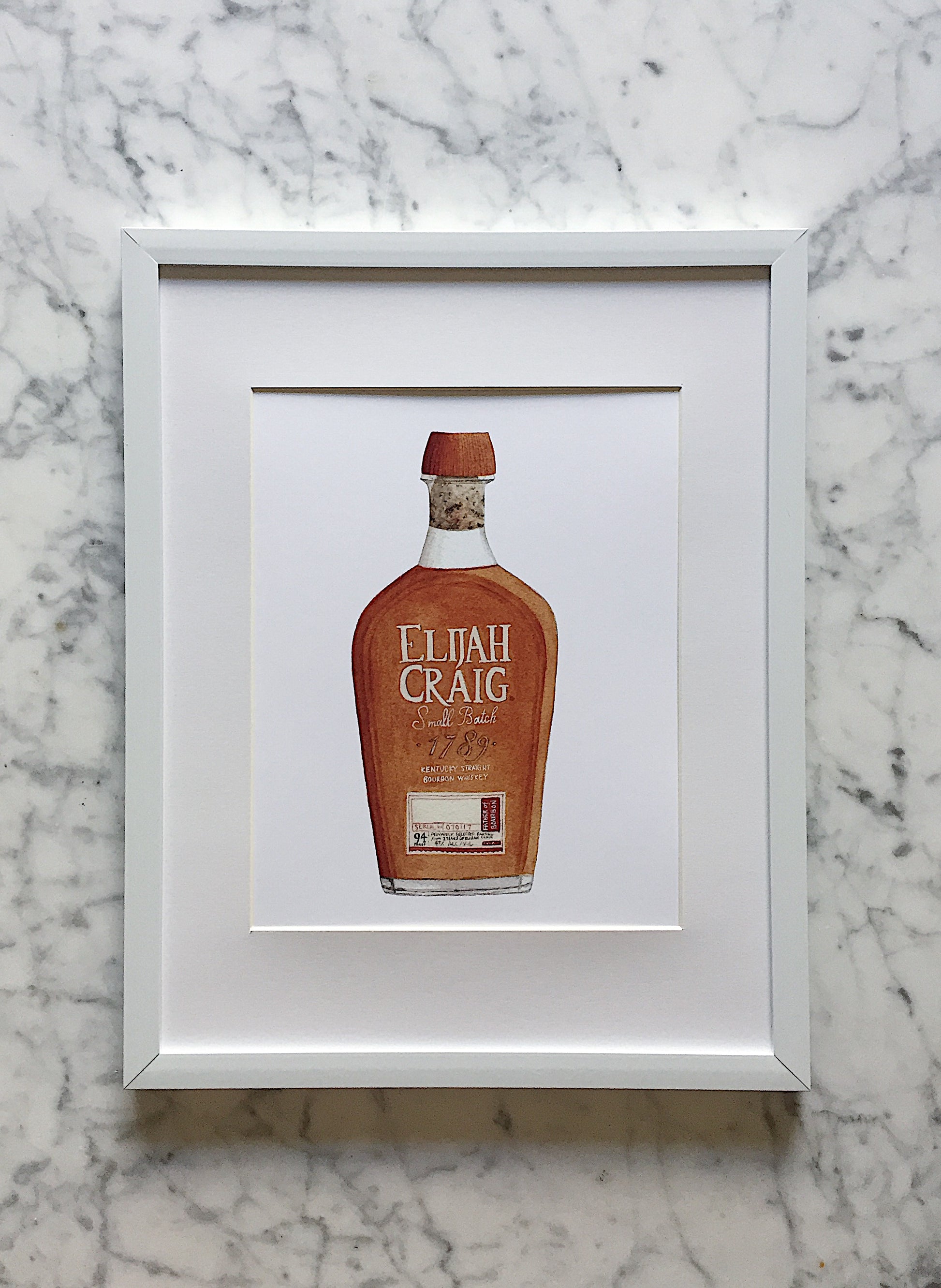 A beautifully detailed watercolor art print of an Elijah Craig bourbon bottle with a crisp white background.