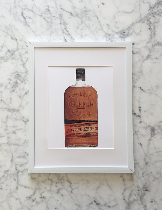 A beautifully detailed watercolor art print of the Bulleit bourbon bottle with a crisp white background.