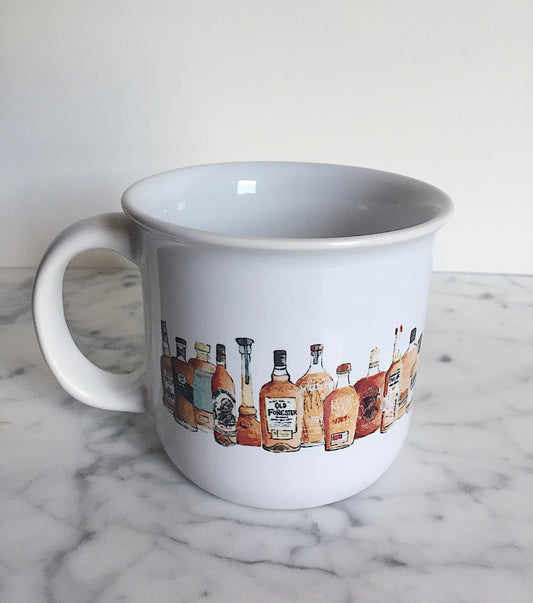 15 oz white ceramic mug with 29 different bourbons displayed around the mug