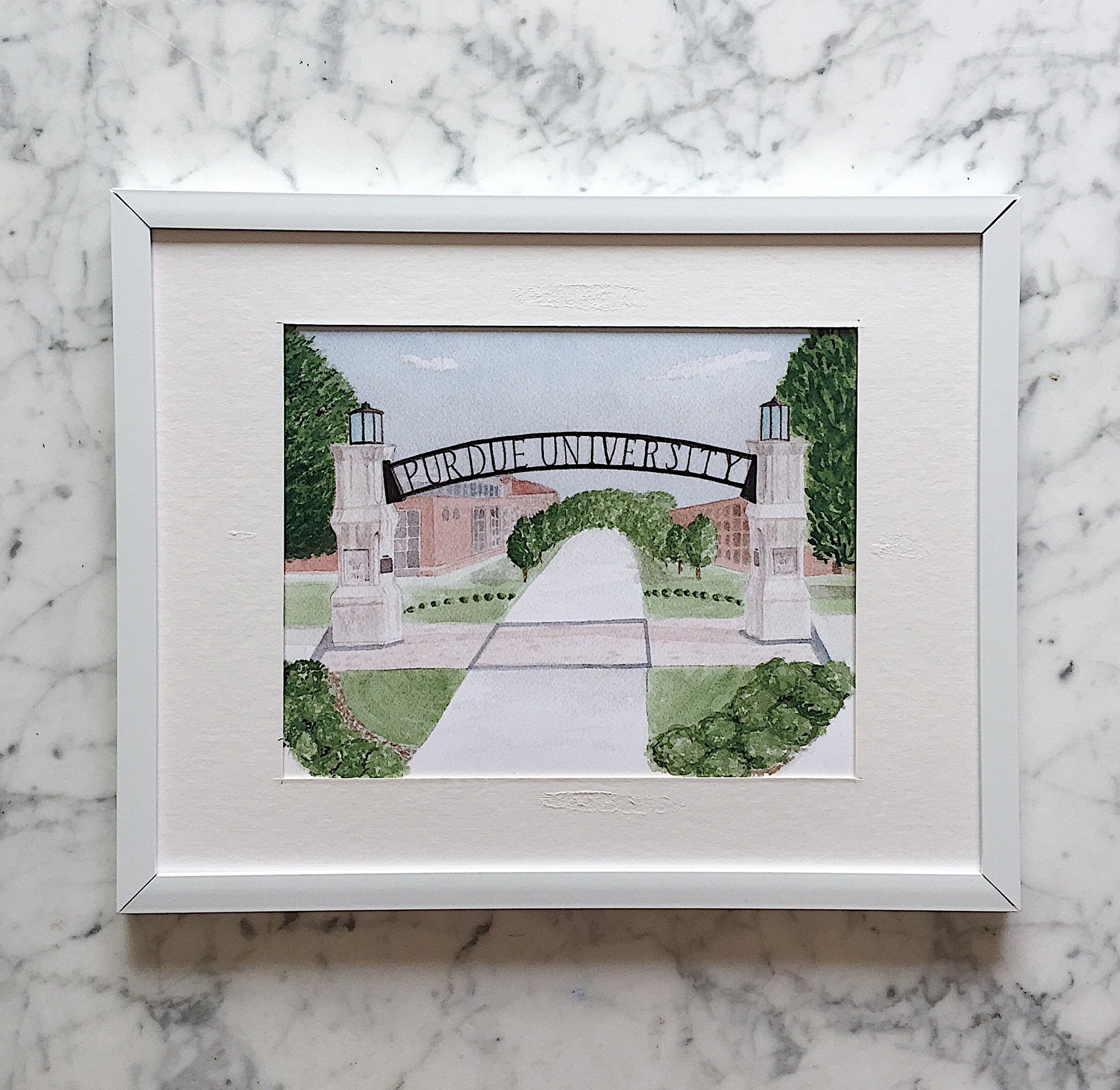 A beautifully detailed watercolor art print of the Engineering Gate at Purdue University. This print makes for a perfect graduation gift.