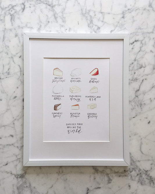 A fun watercolor art print that displays 9 popular cheeses from around the world with the name of each cheese below along with the country it's from; gruyere, havarti, gouda, mozzarella, jarlsberg, monterey jack, manchego, munster, cheddar.