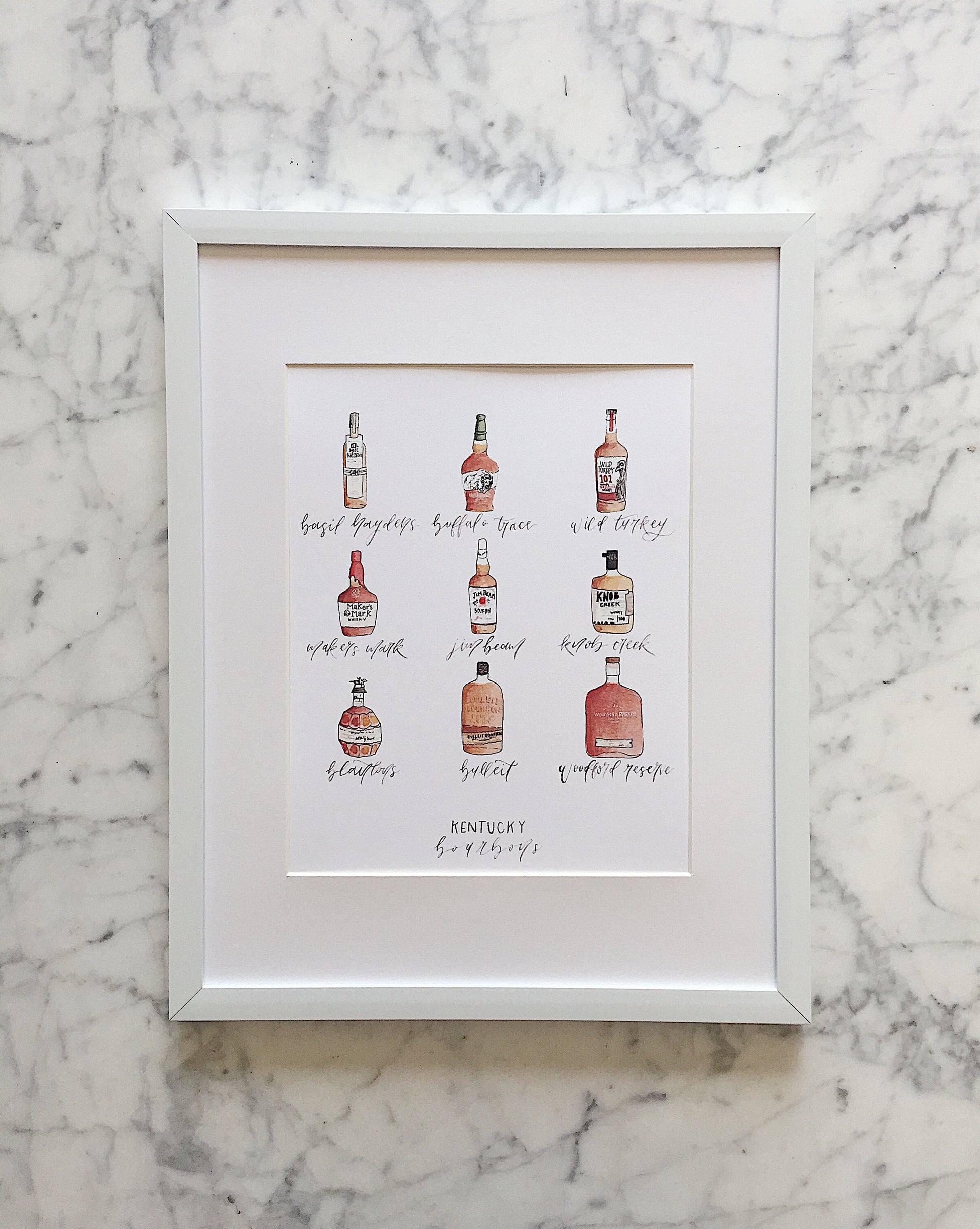 A watercolor art print that displays a variety of popular Kentucky Bourbons such as Basil Hayden, Buffalo Trace, Wild Turkey, Maker's Mark, Jim Beam, Knob Creek, Blanton's, Bulleit, and Woodford Reserve.